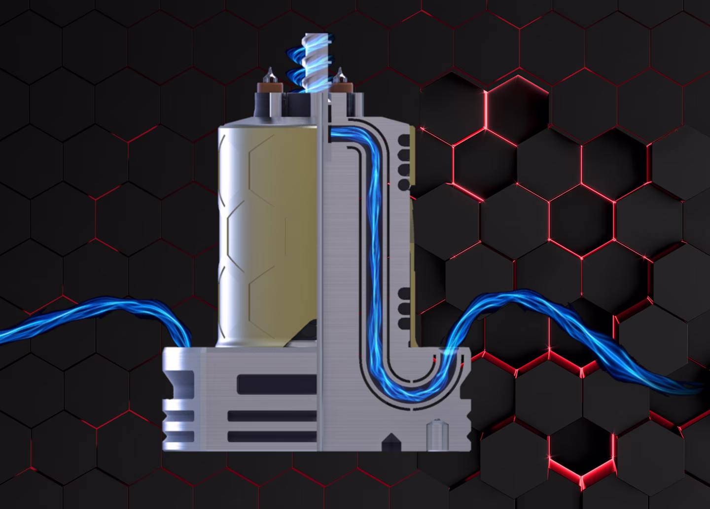 Futuristic device with blue energy flow on a hexagonal black and red background.