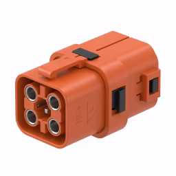 Close-up of an orange electrical connector with four round pins and a black latch, marked with a triangular high voltage warning symbol.