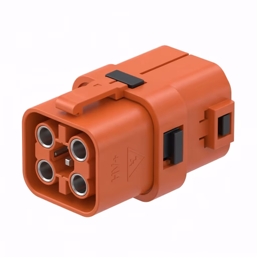 Close-up of an orange electrical connector with four round pins and a black latch, marked with a triangular high voltage warning symbol.
