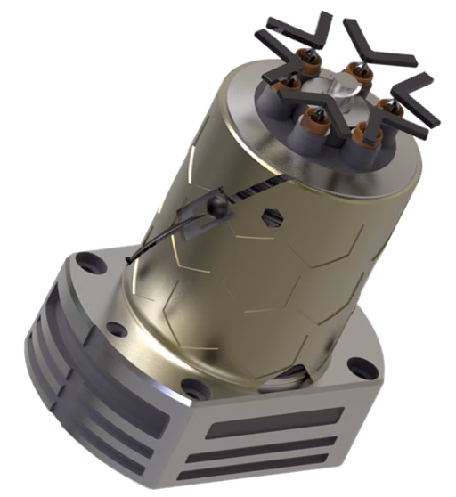 Futuristic, metallic cylindrical device with angular base, top featuring multiple connectors, set against a white background.