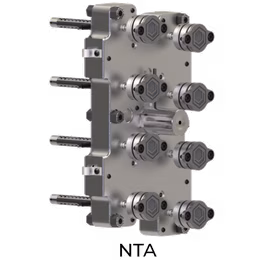 Metallic mechanical component with multiple cylindrical connectors and rods, featuring intricate gear-like structures.