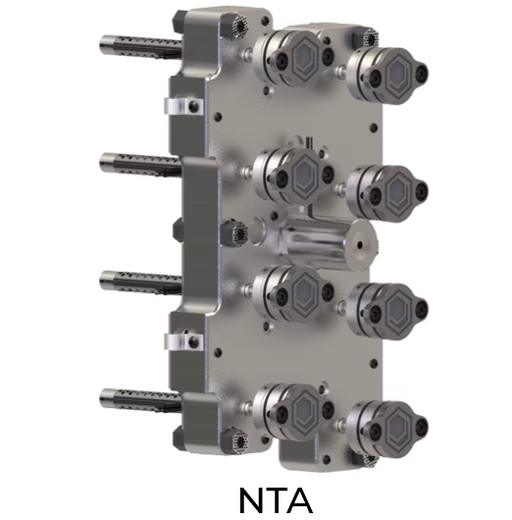 Metallic mechanical component with multiple cylindrical connectors and rods, featuring intricate gear-like structures.