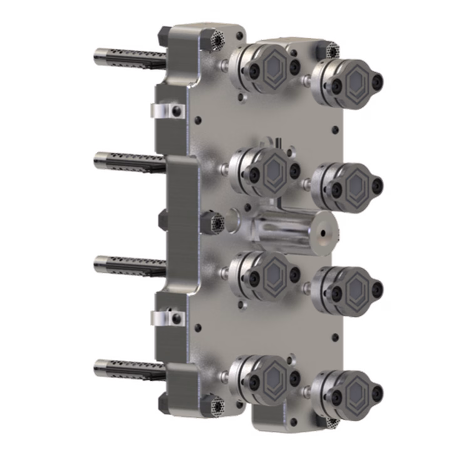 Industrial metal manifold with multiple cylindrical connections and hexagonal bolt heads, featuring intricate engineering design elements.