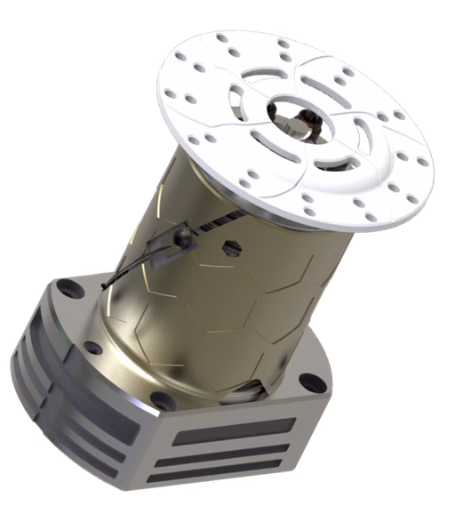 A cylindrical mechanical part with a honeycomb pattern, metallic finish, and a circular perforated top.