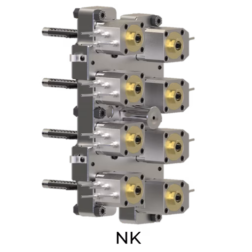 A complex mechanical assembly with metallic and brass components, featuring multiple connectors and cylindrical parts arranged vertically.