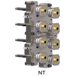 A metallic block with six cylindrical components featuring brass centers, mounted on parallel rods.