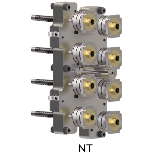 A metallic block with six cylindrical components featuring brass centers, mounted on parallel rods.