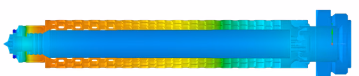 Colorful thermal simulation of a turbine blade, showing a gradient from blue at the center to orange at the edges, indicating temperature variations.