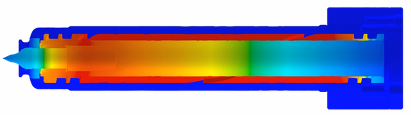 Cross-sectional thermal simulation of a cylindrical object, displaying a gradient from red to blue, indicating temperature variation.