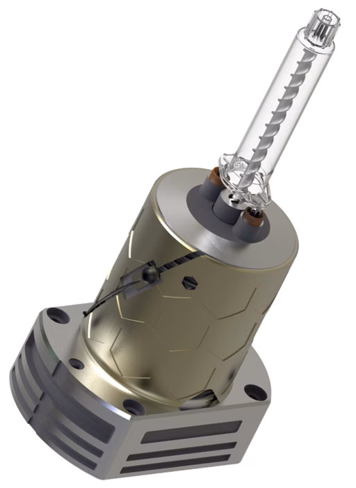 A metallic industrial component with a cylindrical base, hexagonal body, and a transparent, spiraled glass tube extending from the top.