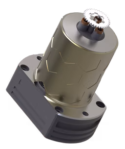 Mechanical component with a gold cylindrical body and gear on top, attached to a gray base with bolt holes, viewed at an angle.