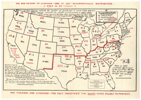 United states map showing counts of the lynchings that Ida B Wells recorded as of 1889 to 1921