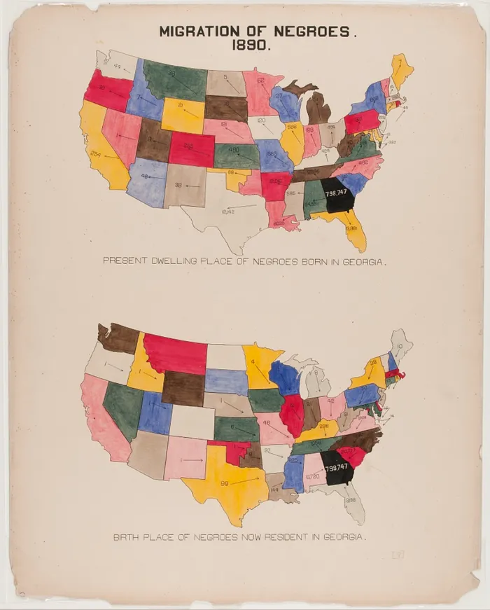 A United States map showing the counts of Black people moving into other states from Georgia and vice versa, from other areas of the US into Georgia