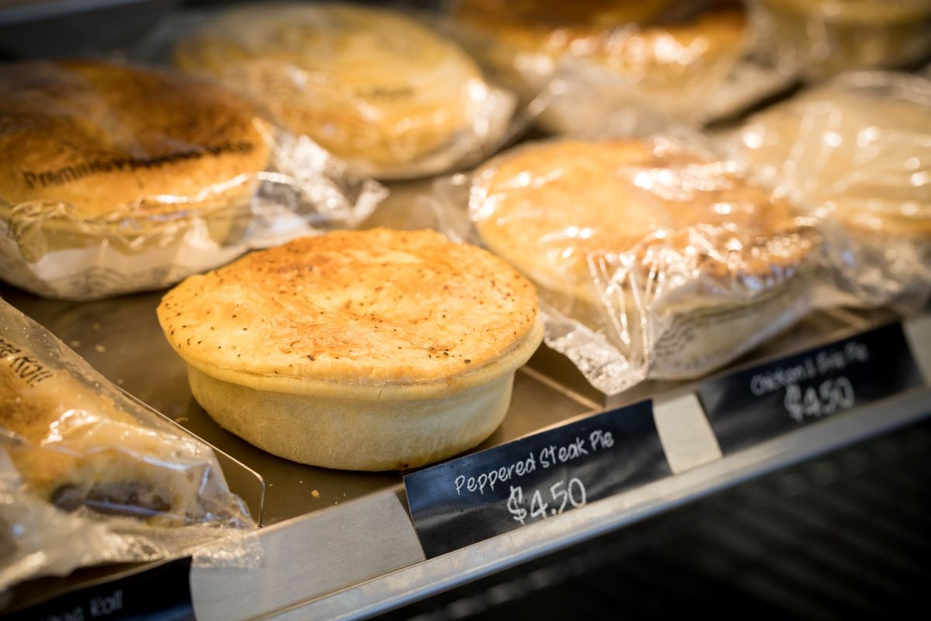assorted baked pies, including a Peppered Steak Pie