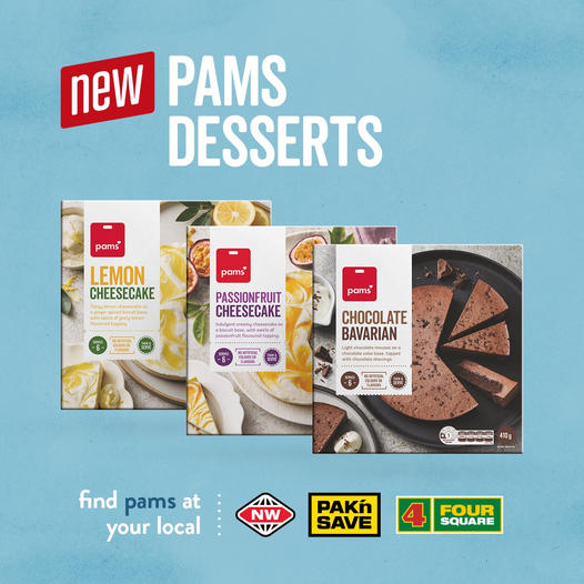 Pams Desserts display featuring Lemon Cheesecake, Passionfruit Cheesecake, and Chocolate Bavarian, with store logos below.