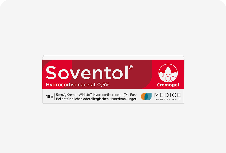 Packung Soventol, eine 0,5-prozentige Hydrocortisonacetat-Creme, 15 g, zur Behandlung entzündlicher und allergischer Hauterkrankungen, von MEDICE.
