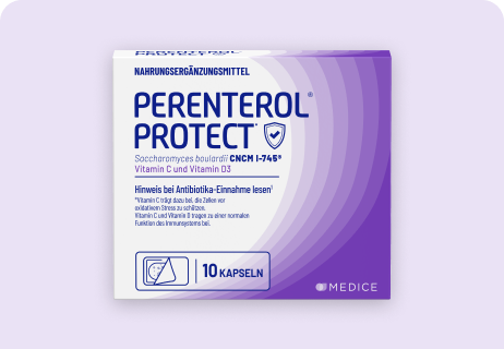 Box of Perenterol Protect dietary supplement with 10 capsules, containing Saccharomyces boulardii, Vitamin C, and Vitamin D3.