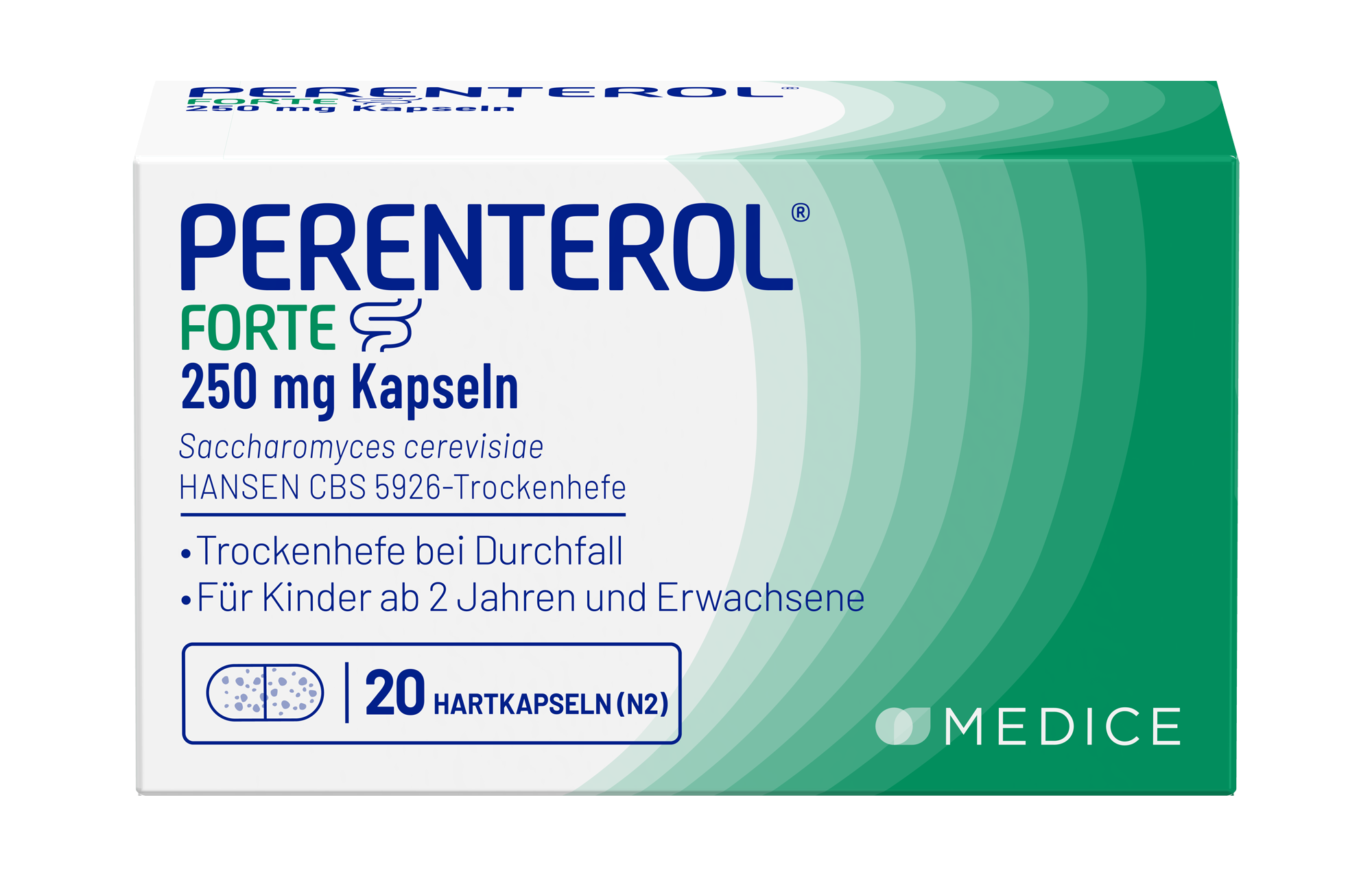 Packung mit 20 Hartkapseln Perenterol Forte 250 mg, indiziert bei Durchfall, geeignet für Kinder ab 2 Jahren und Erwachsene.