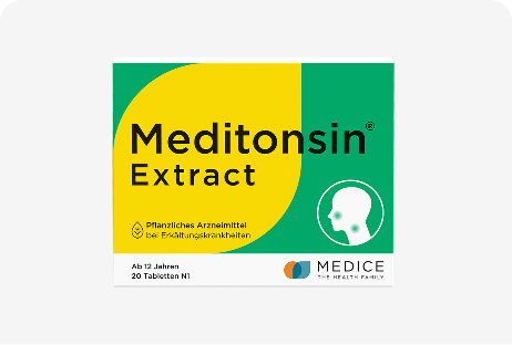 Schachtel mit Meditonsin-Extrakt-Tabletten gegen Erkältungssymptome, mit einem grün-gelben Design, das die Silhouette eines Kopfes und das Markenlogo zeigt.
