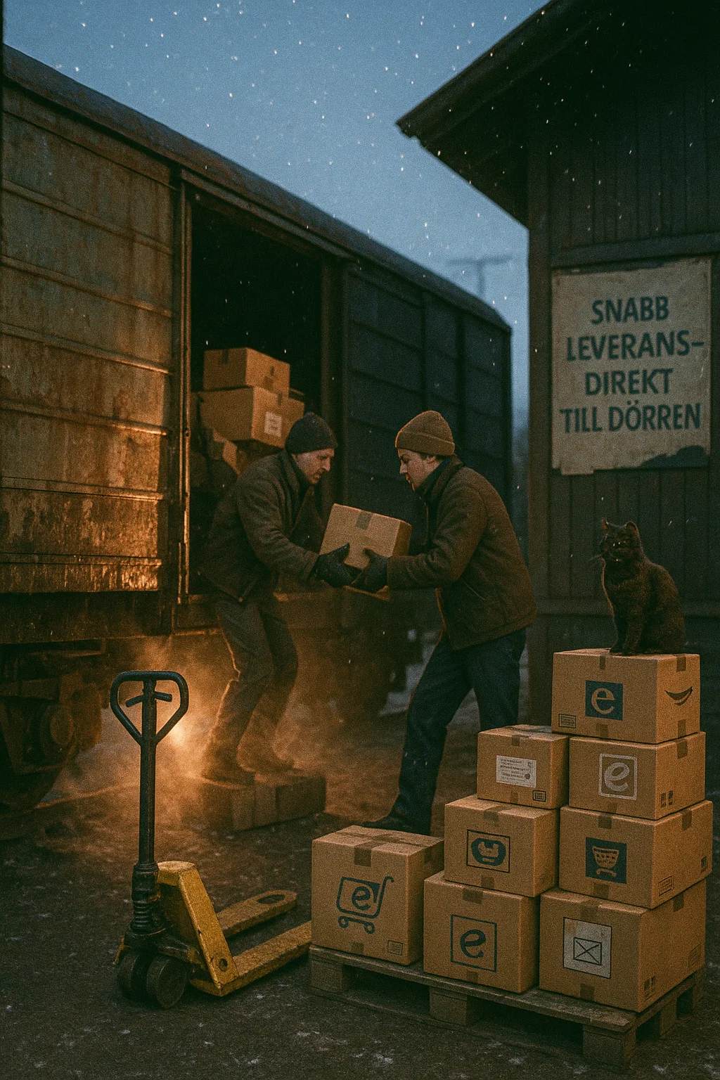 Gammalt tåg med personer som lastar e-handelspaket