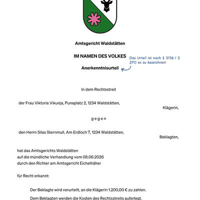 Das Bild zeigt ein Anerkenntnisurteil und wie es zu formal zu gestalten ist.