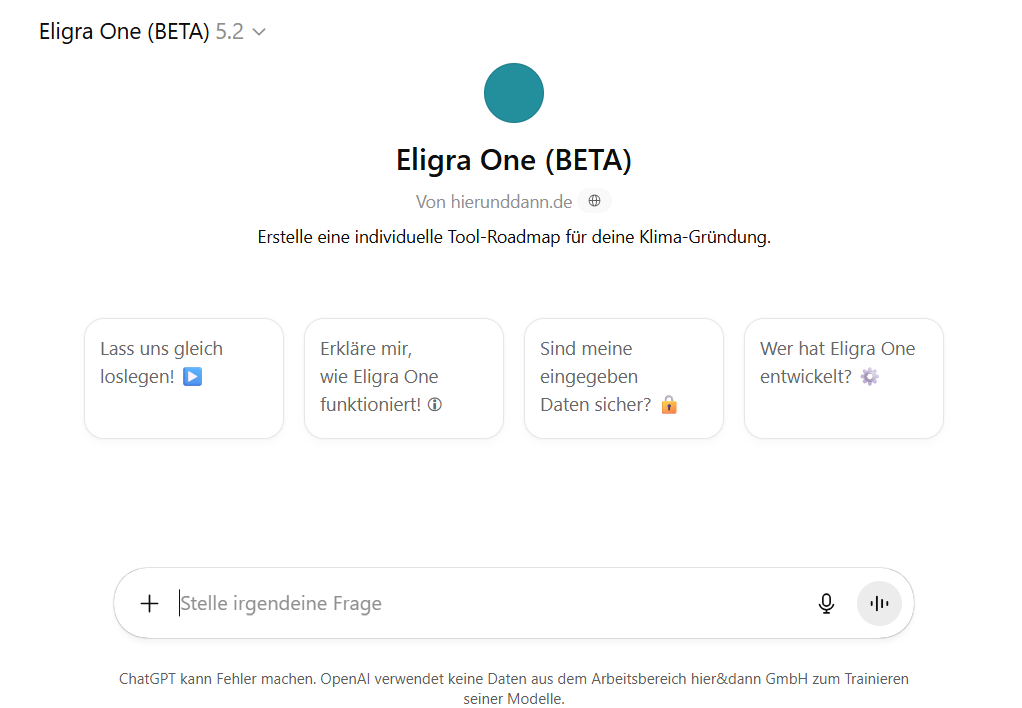 Benutzeroberfläche von Eligra One zur Erstellung einer Tool-Roadmap für Klima-Startups