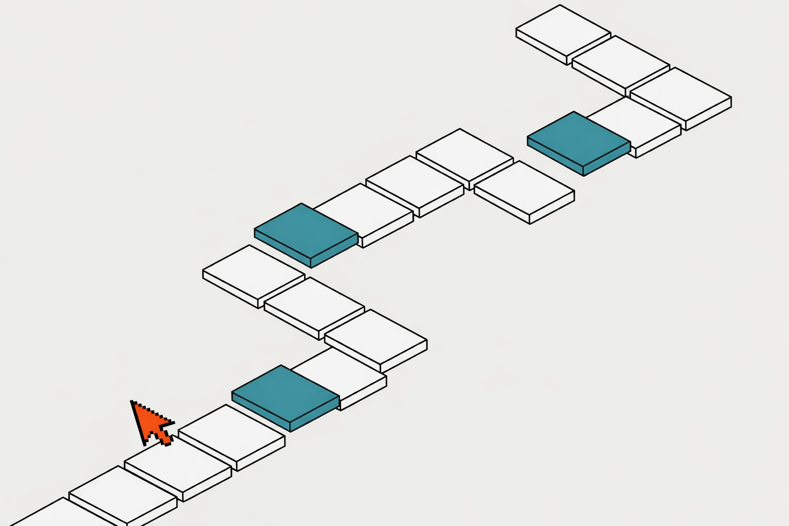 Breitformatige, minimalistische Grafik mit isometrischem Pfad aus weißen und türkisfarbenen Kacheln auf hellgrauem Hintergrund. Die Illustration symbolisiert eine schrittweise Roadmap zur Auswahl passender Impact- und Nachhaltigkeitstools im OSCS-Toolkit.
