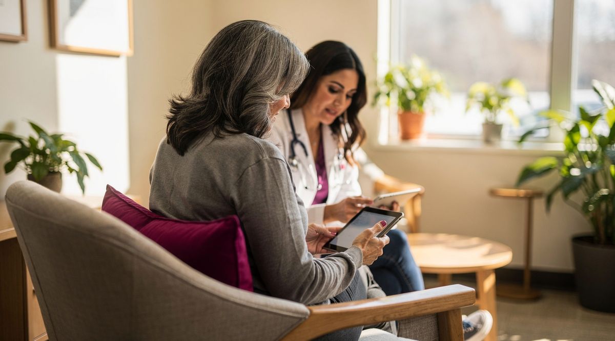 Patient and healthcare provider in comfortable consultation room discussing care plan