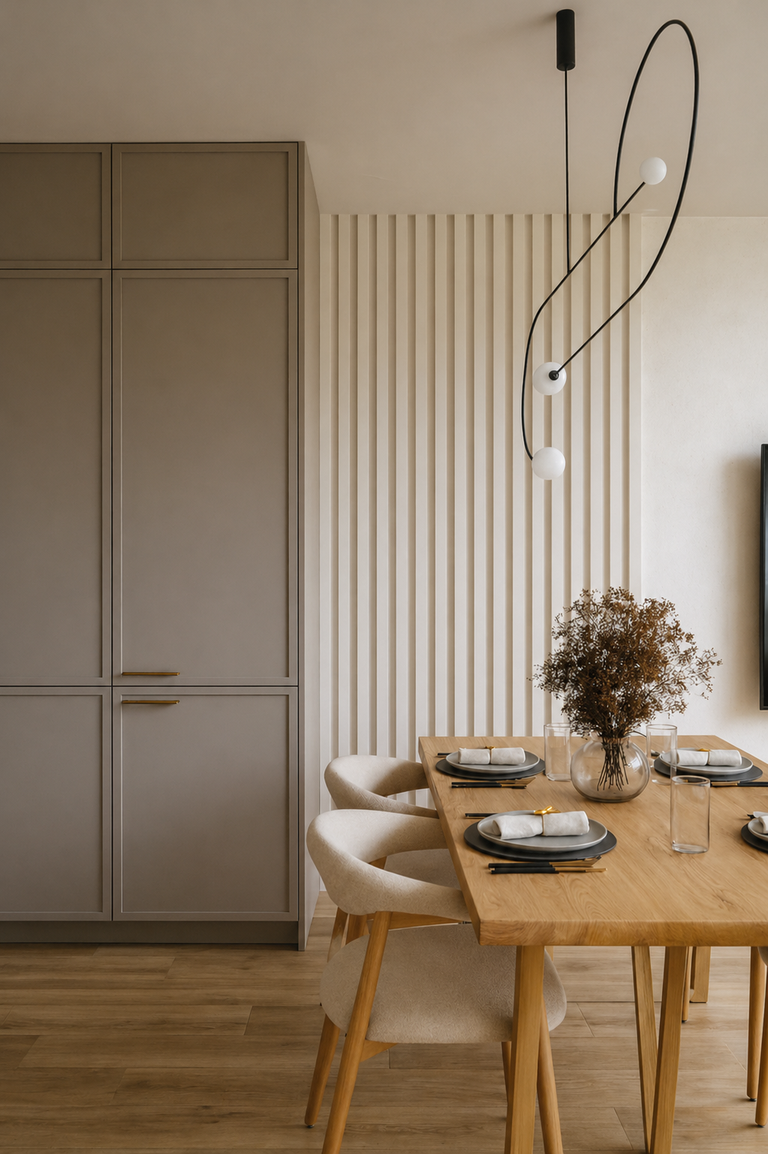 Wnętrze w stylu klasycznym, z elementami drewna, lamelami i designerską lampą