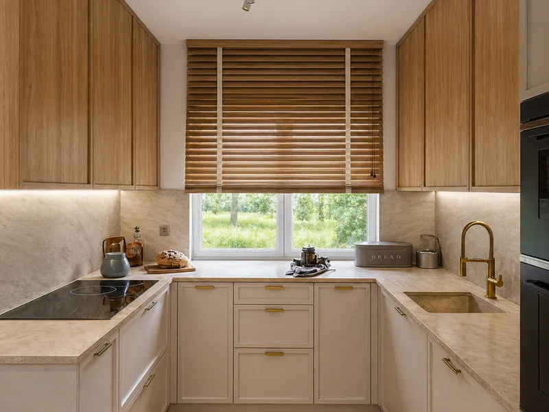 Classic style kitchen with wooden cabinets, window blinds, gold handles and fixtures