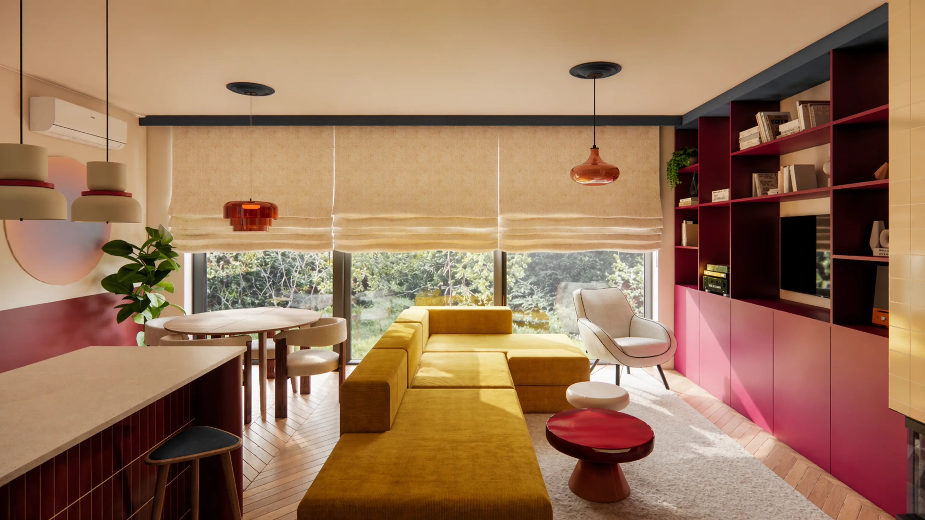 Colorful living room with burgundy cabinet, yellow sofa, herringbone flooring, and beige Roman blinds
