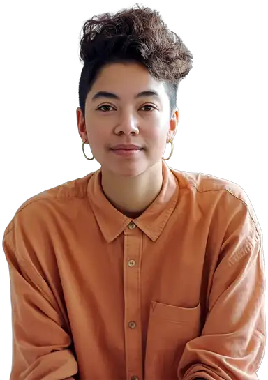 Person wearing terracotta button-up shirt with hoop earrings against white background, professional portrait style photo