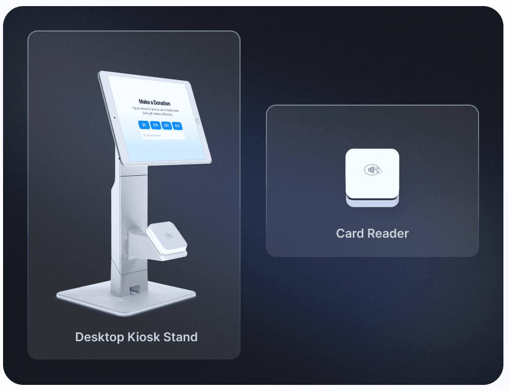 Desktop kiosk stand with a screen for donations and a card reader, displayed on a dark background.