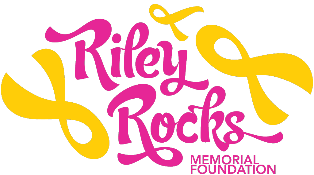 Riley Rocks Memorial Foundation logo in pink cursive text with yellow awareness ribbons on white background