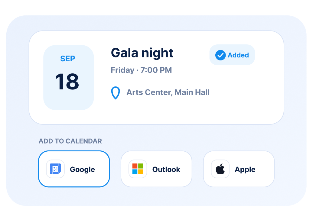 Event card for Gala Night on September 18, Friday at 7PM at Arts Center Main Hall with Google, Outlook, and Apple calendar options.