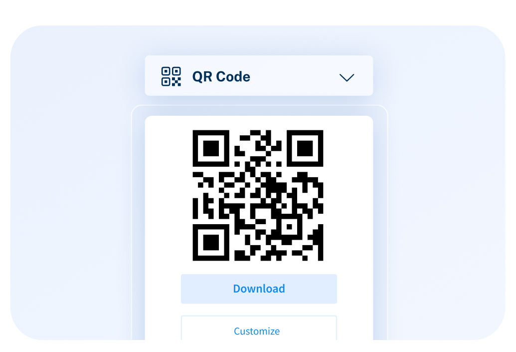 A UI panel displaying a QR code with Download and Customize buttons below, labeled "QR Code" with a dropdown arrow.