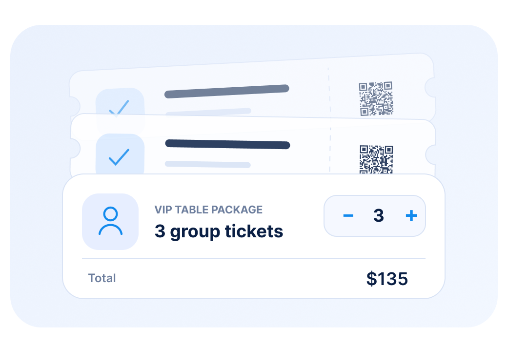 VIP Table Package ticket UI showing 3 group tickets with quantity selector and $135 total, with QR code tickets stacked behind