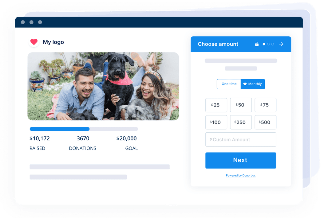 A fundraising webpage showing a couple with a dog, a donation progress bar, and options for selecting one-time or monthly donation amounts.