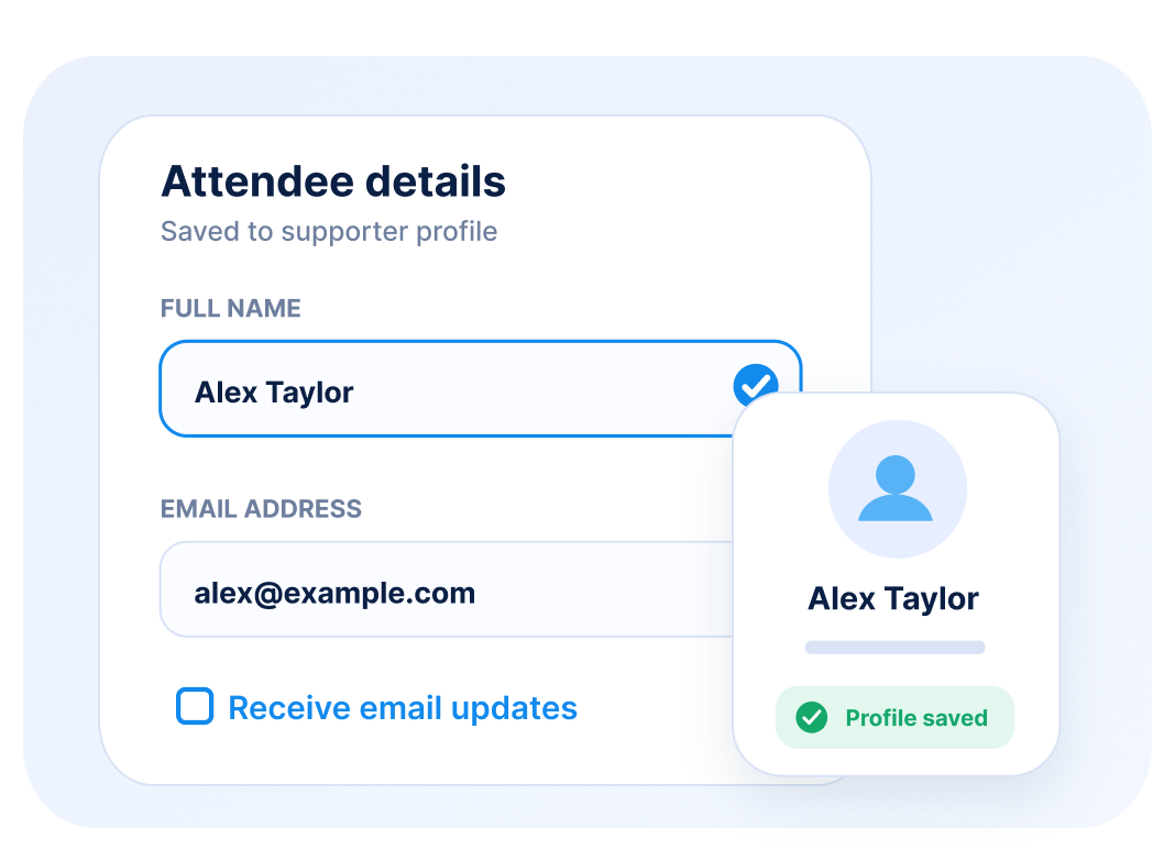 Attendee details form with name "Alex Taylor" and email field, alongside a profile card showing "Profile saved" confirmation.
