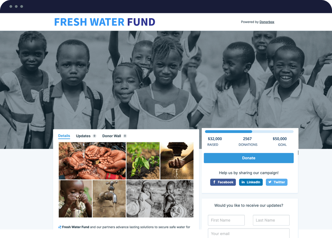 A webpage for Fresh Water Fund featuring smiling children, donation progress bar, and images related to water access.