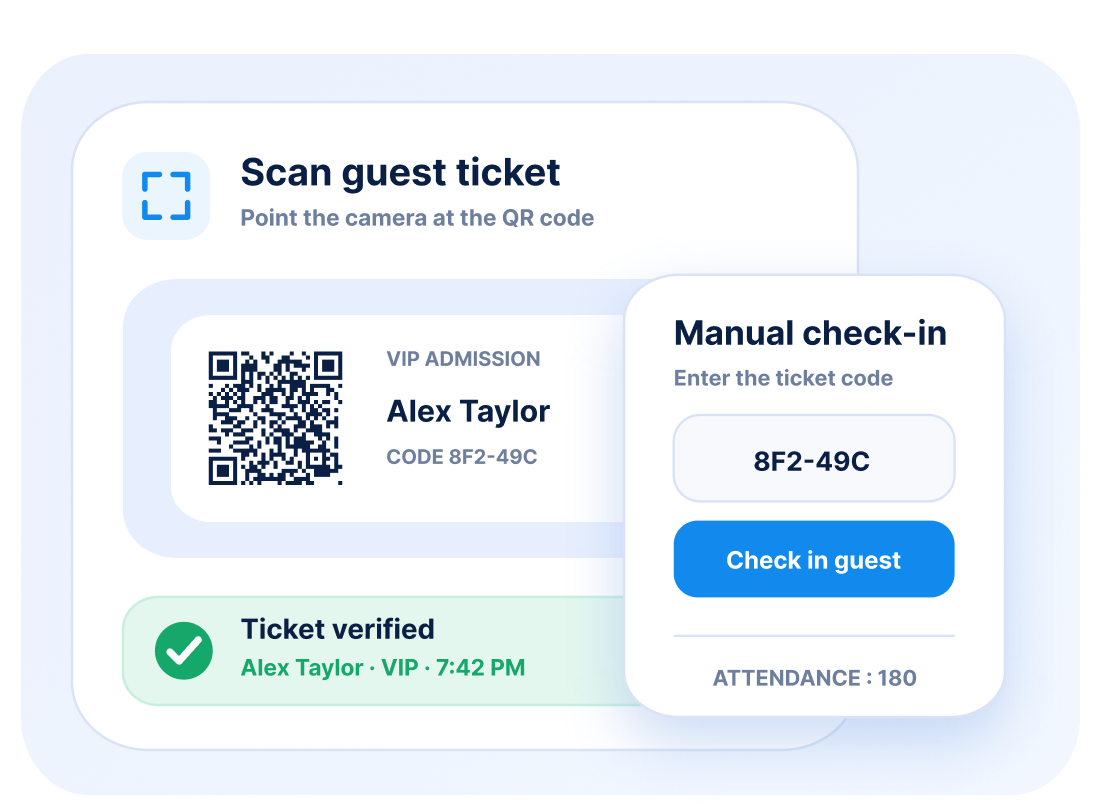 Event check-in app UI showing QR code ticket scanning, manual code entry for guest Alex Taylor VIP admission, and ticket verified confirmation.