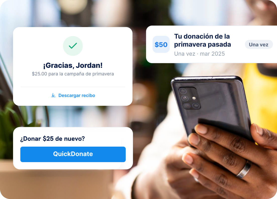 Confirmación de QuickDonate para repetir una donación, con agradecimiento, importe y descarga del recibo.