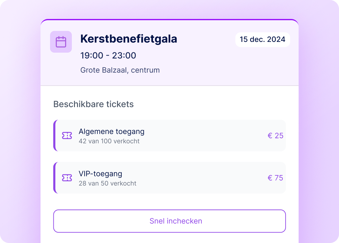 Tickets en registratie voor een benefietgala aan het einde van het jaar.