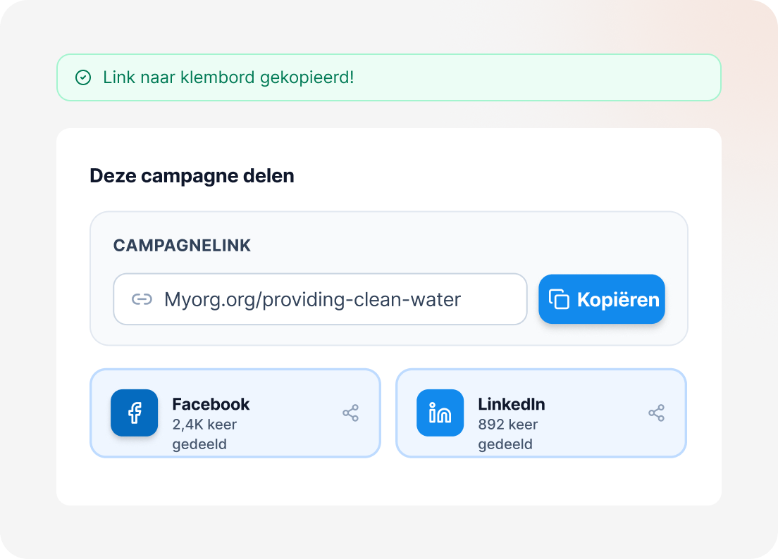 Opties om een campagne op sociale media te delen en de link te kopiëren.