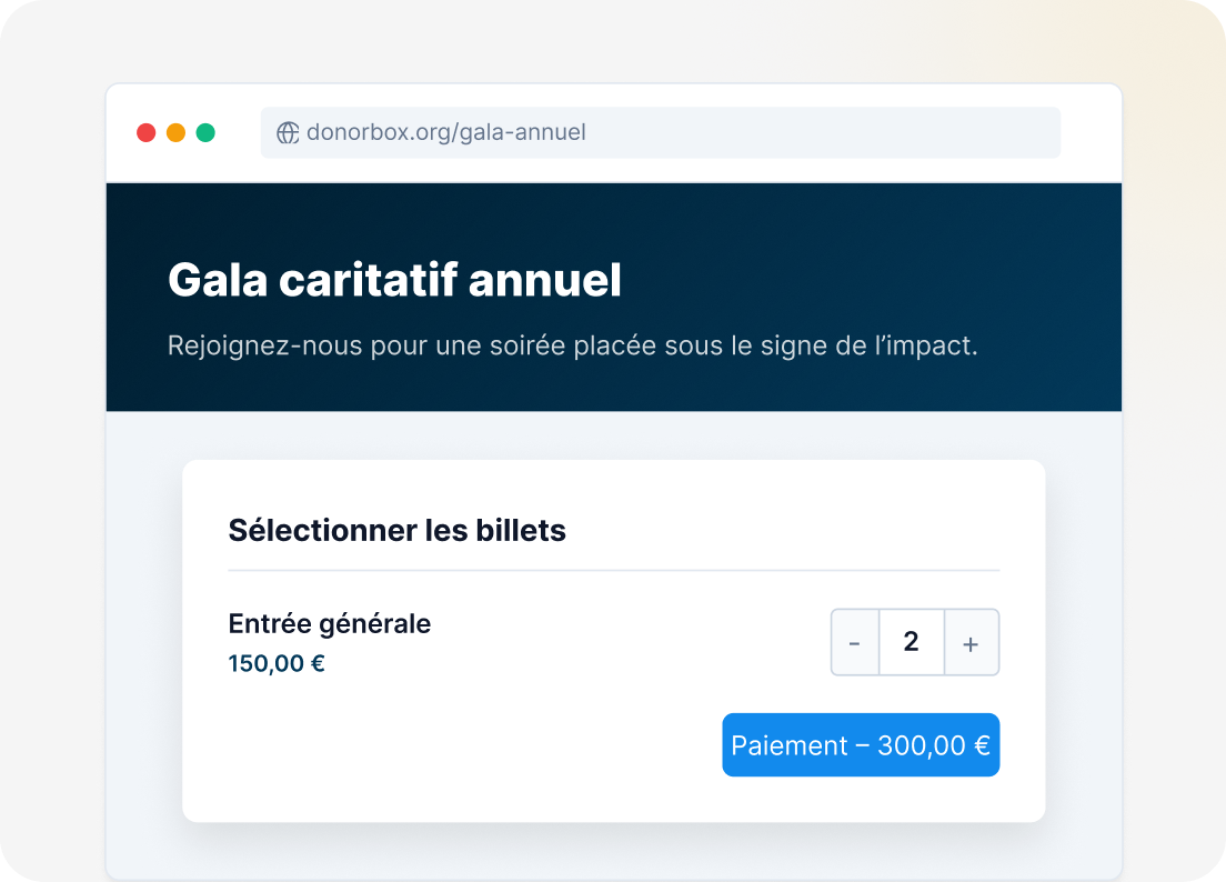 Page de détails de l’événement avec date, lieu, billets et inscription.