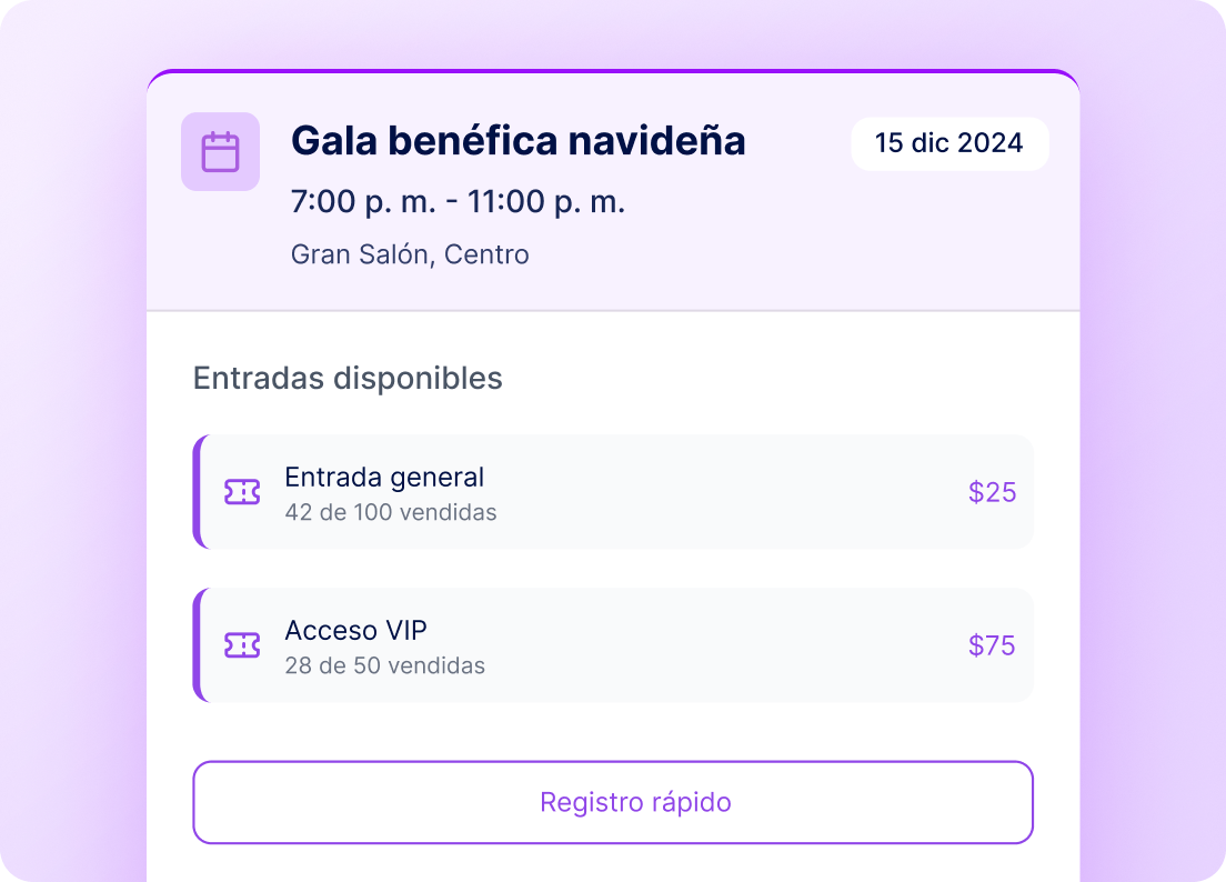 Entradas y registro para una gala benéfica de fin de año.