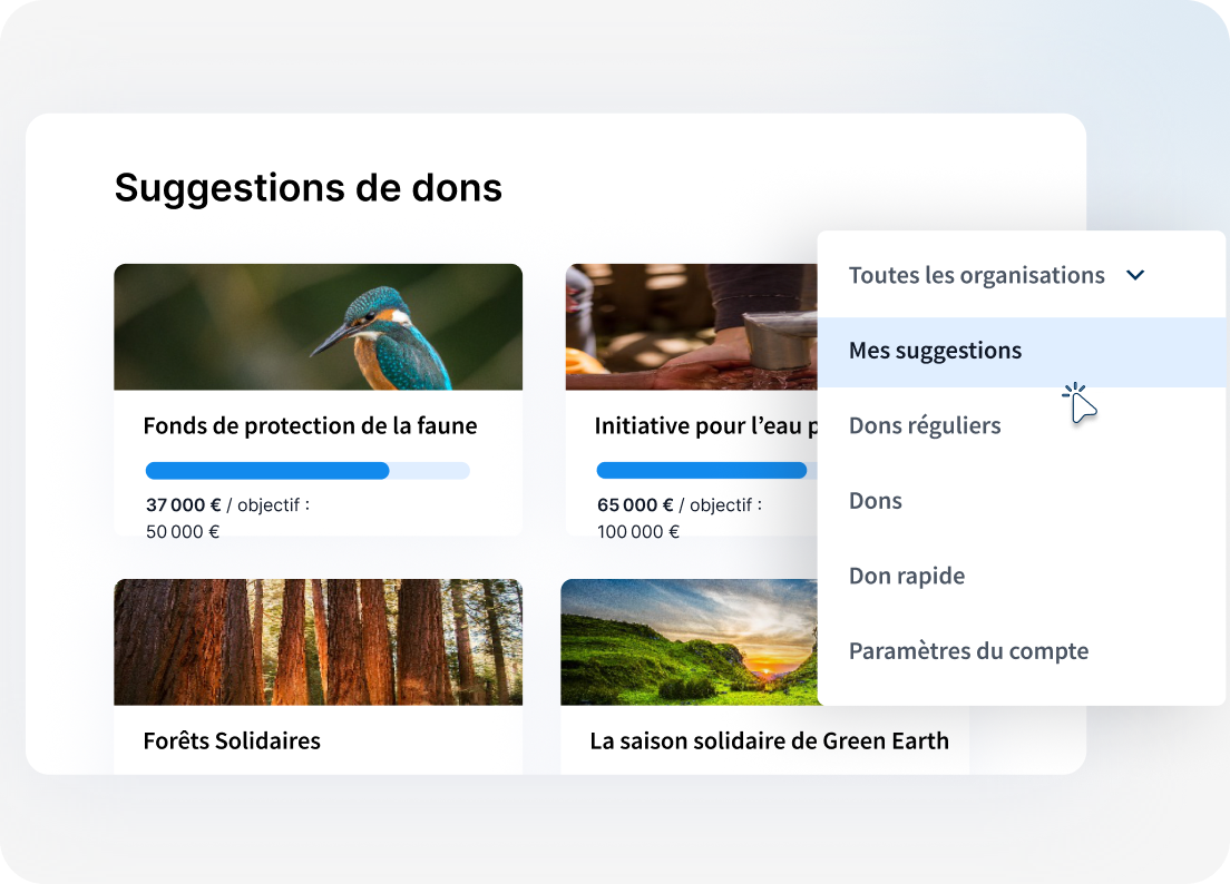 Suggestions de dons avec cartes de campagnes, objectifs de collecte et menu des organisations.