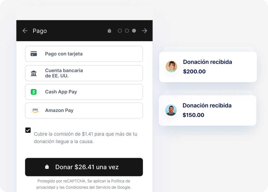 Pago rápido y confirmaciones de nuevas donaciones.