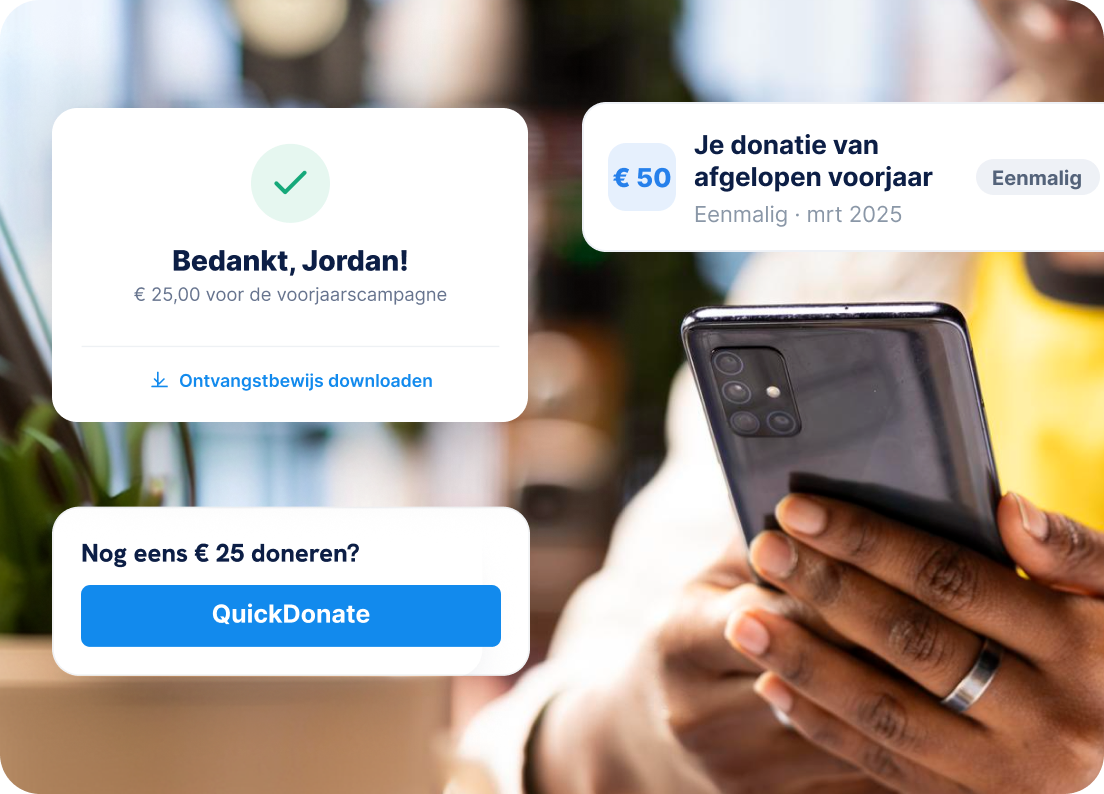 QuickDonate-bevestiging om opnieuw te doneren, met bedankje, bedrag en download van het ontvangstbewijs.