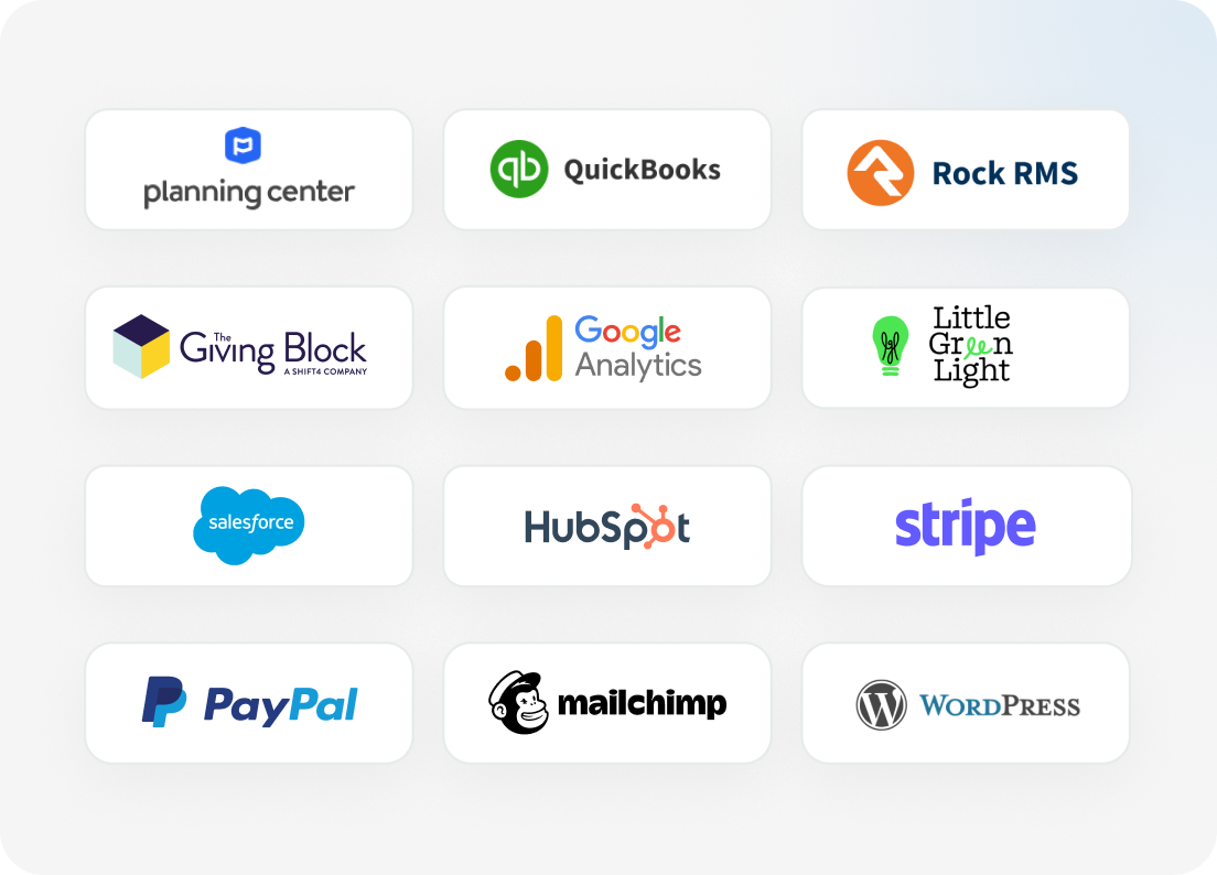 Raster met integraties voor donorbeheer, waaronder QuickBooks, Salesforce, Stripe en PayPal.